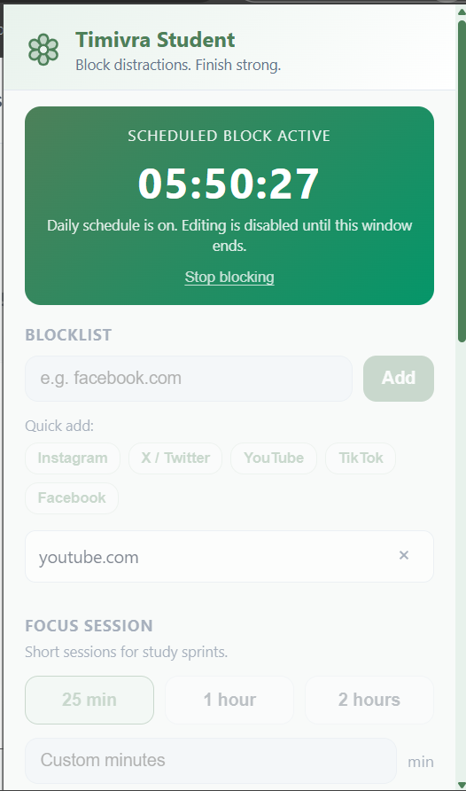 Timivra Student Free Website Blocker extension