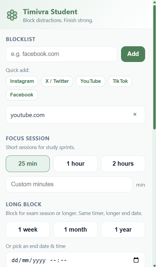 Timivra Student Free extension popup showing blocklist, focus session presets, and long block options